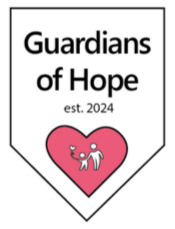 Shield-shaped logo reading "Guardians of Hope est. 2024" with a pink heart below and two stick figures, symbolizing care and compassion.