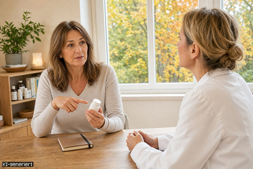 Eine Frau sitzt im Herbst in einer Naturheilpraxis und spricht mit ihrer Therapeutin darüber, ob sie Vitamin D ergänzen sollte.