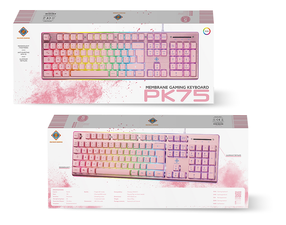 Thumbnail: PK75  Gaming Keyboard with membrane switches, Nordic layout, Pink/RGB