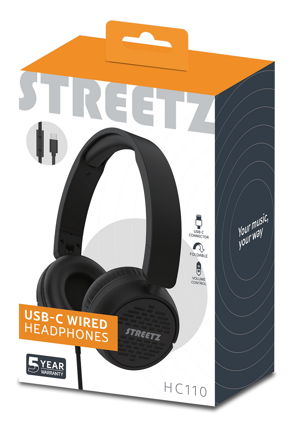 Thumbnail: HC110 Headphones, foldable, volume control, USB-C, black