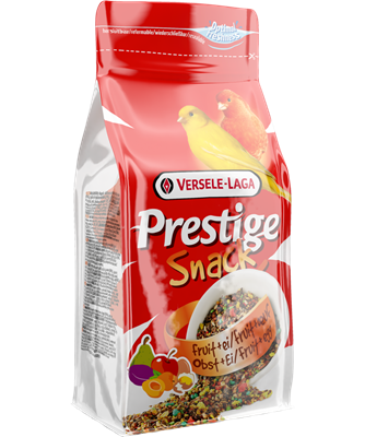 Sachet de nourriture Versele-Laga Prestige Snack pour oiseaux : texte et fruits.