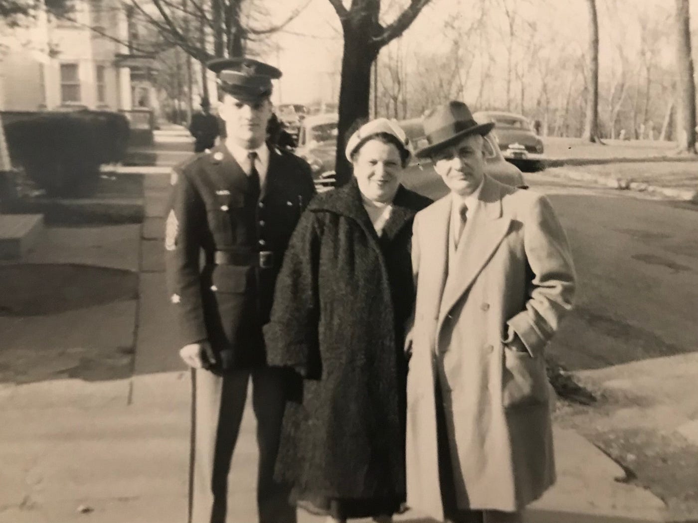 My grandparents, Nana & Papa Carbone, visiting my father (Cadet Tony Carbone) at Bordentown Military Institute, in New Jersey (c.1954).Dr. Anthony Carbone's Autobiography.