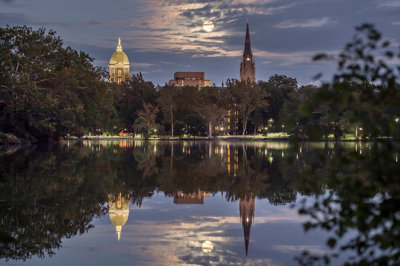 The Big 3 Icons of Notre Dame: Golden Dome, Memorial Library, Sacred Heart Basilica at Twilight