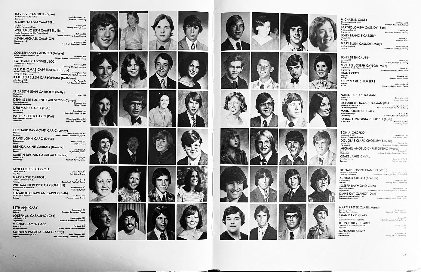 Notre Dame & St Mary’s Freshman Register from 1977 (Showing Elizabeth Carbone and no Anthony Carbone)