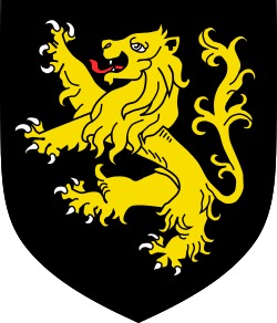 Coat of Arms of Lyons Hall at the University of Notre Dame.  A black shield with a standing lion.  Autobiography of Dr. Anthony J. Carbone.