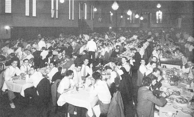 South Dining Hall c.1930 with white table cloths and waiters. University of Notre Dame. Dr. Carbone’s Autobiography.