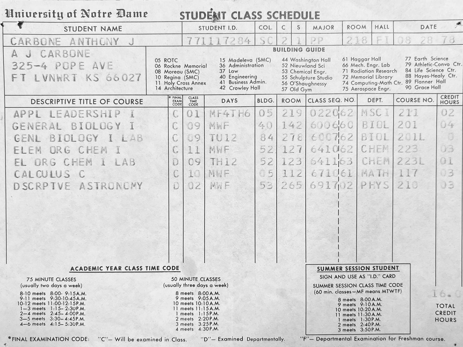 Anthony Carbone’s Sophomore Fall Schedule at the University of Notre Dame. August 1978. Autobiography of Dr. Anthony J. Carbone.
