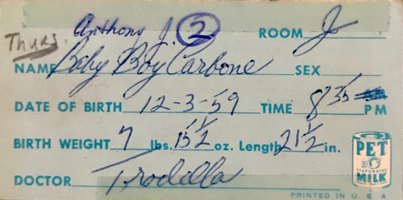 Baby crib Name card for Anthony J. Carbone Jr. showing date of birth December 3, 1959 at 8:35 PM.