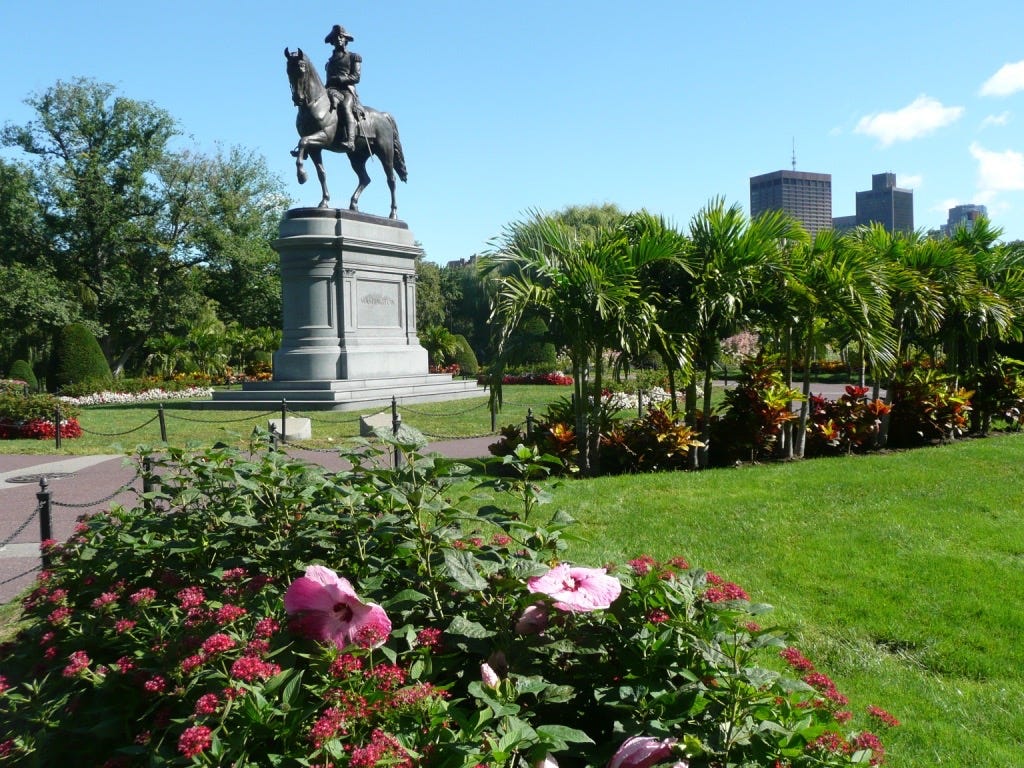 Photograph of Boston Public Garden in summer with statue of George Washington riding a horse.  Autobiography of Dr. Anthony J. Carbone.