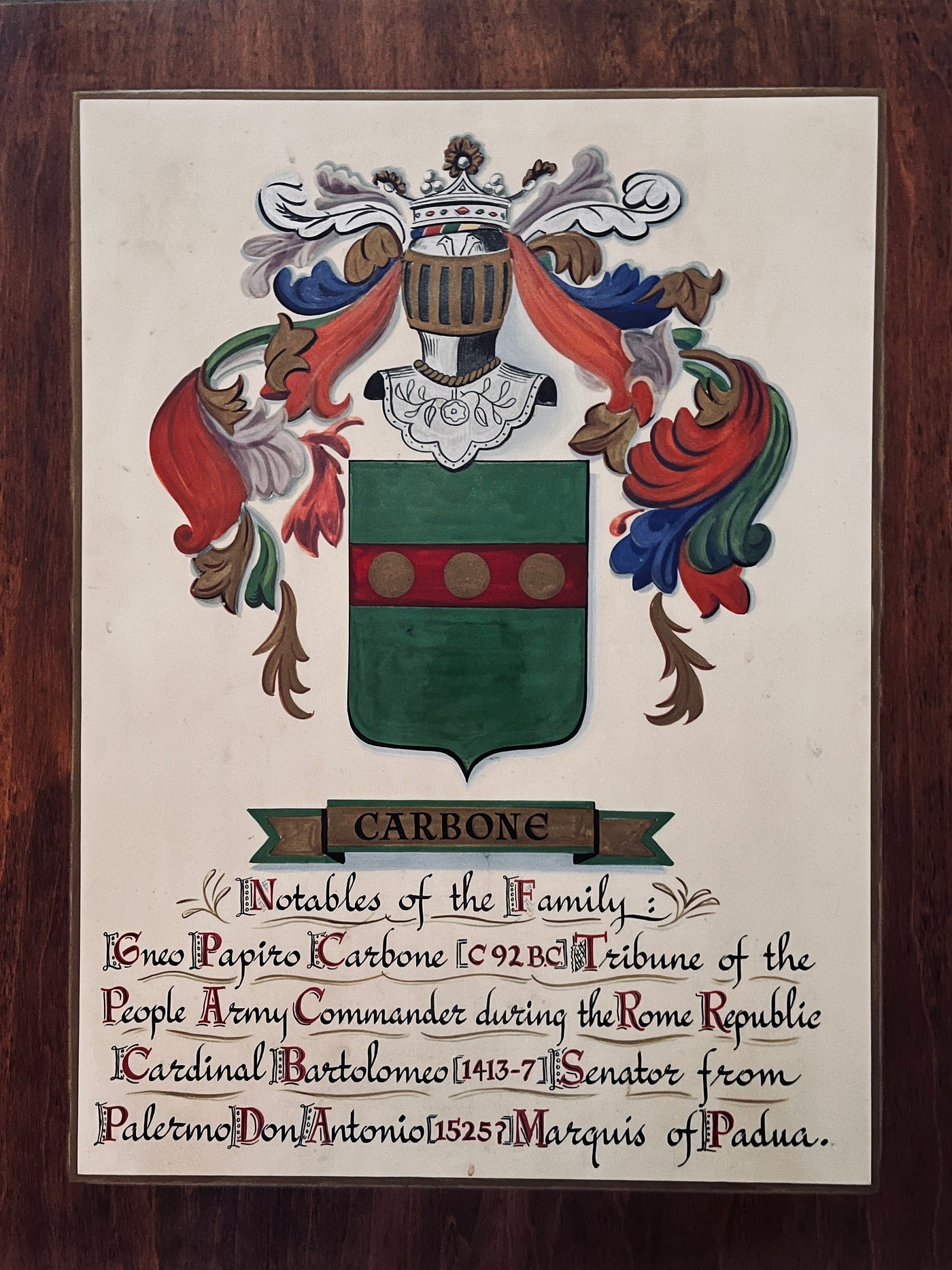 Carbone Family Coat of Arms displaying notables such as the Marquis of Padua, a Cardinal, a Senator, and a Tribune of the Roman Republic Army. Military tribunes were among the most senior officers in a legion. They were responsible for leading troops, maintaining discipline, and ensuring the soldiers’ welfare. They were often young men from the equestrian or senatorial classes (wealthy and influential families) who sought military experience. This position served as a stepping stone.Dr. Anthony Carbone's Autobiography: Chapter 1 The Tailors' Legacy