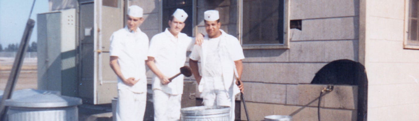 Army cooks outside a U.S. Army mess hall.Part of the autobiography of Dr. Anthony J. Carbone, Son in the Shadow of a Green Beret Hero.