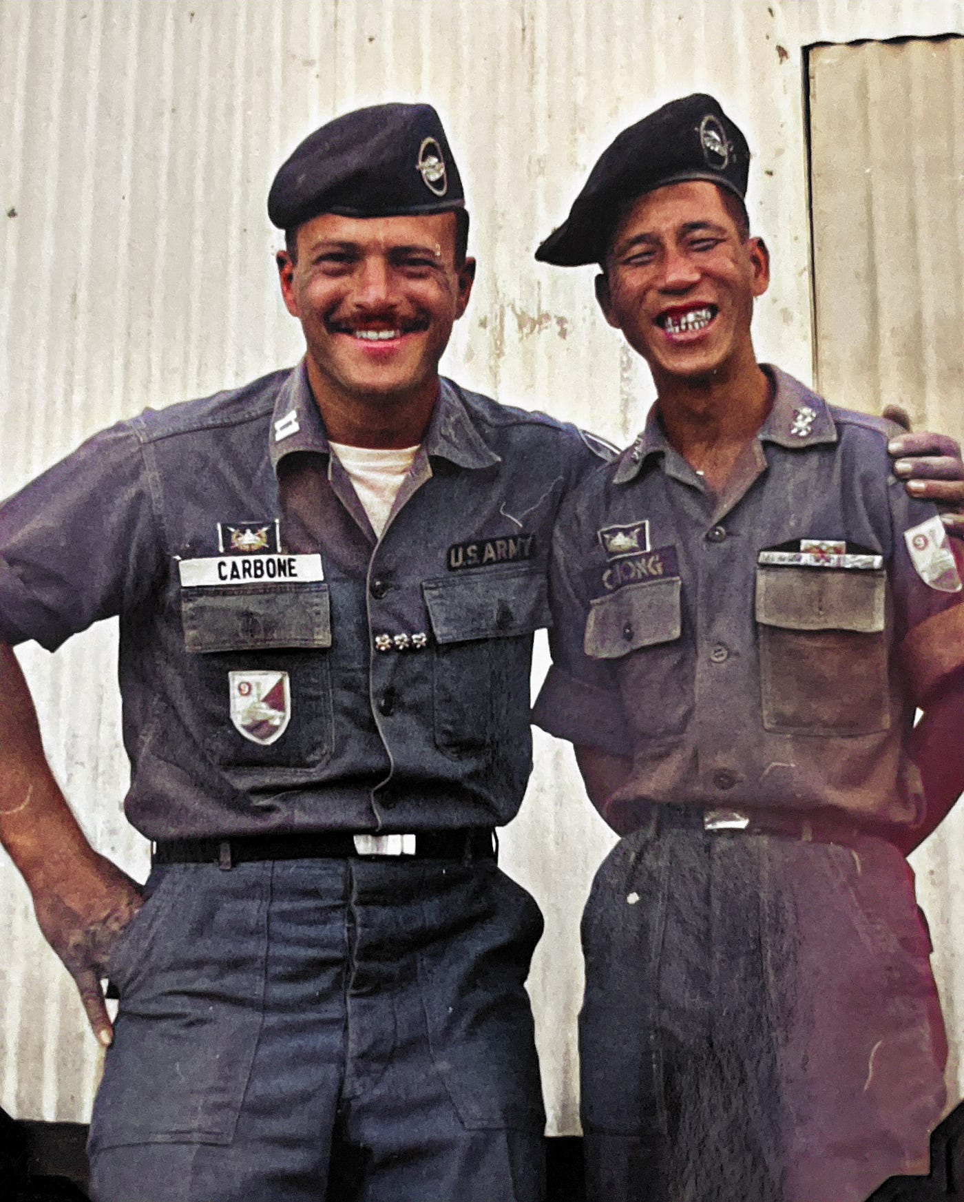 Dad (Captain Tony Carbone) with one of the many South Vietnamese officers that he advised.  Both are wearing the Vietnamese Tankers Badge proudly over their right chest.Part of the autobiography of Dr. Anthony J. Carbone, Son in the Shadow of a Green Beret Hero.