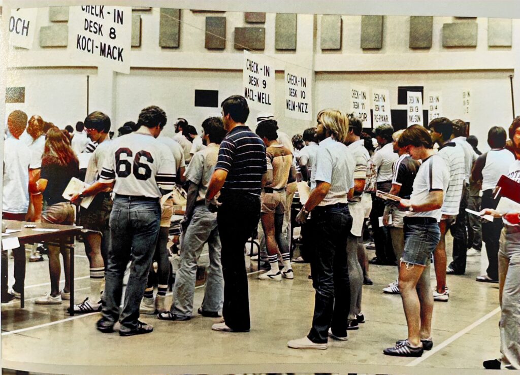 Registration Day at University of Notre Dame.  Students standing in line waiting.  Autobiography of Dr. Anthony J. Carbone.