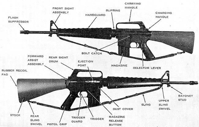 Diagram of M16A1 Rifle with explanation of parts from Left and Right side views.  Biography of Dr. Anthony J. Carbone.