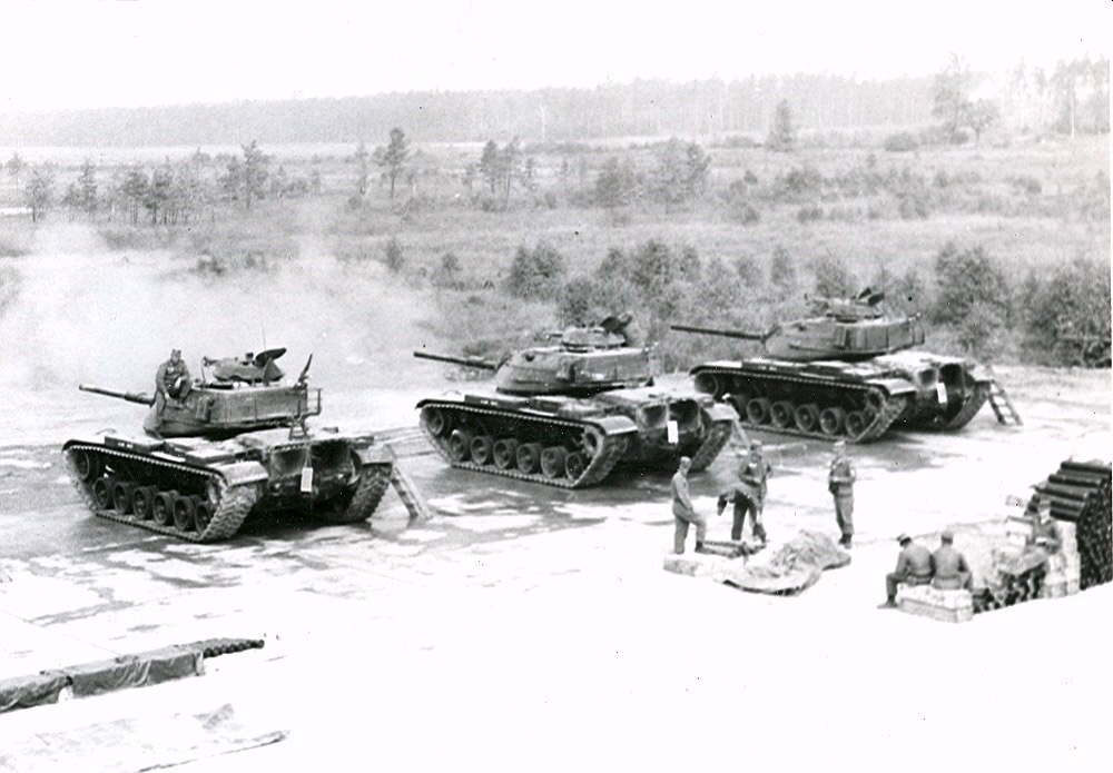 14th Armored Cavalry M60 tanks practicing tank gunnery at Grafenwohr in Germany. Autobiography of Dr. Anthony J. Carbone.