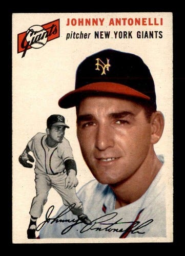 Uncle Johnny Antonelli pitching for the New York Giants (Baseball Card).Dr. Anthony Carbone's Autobiography.