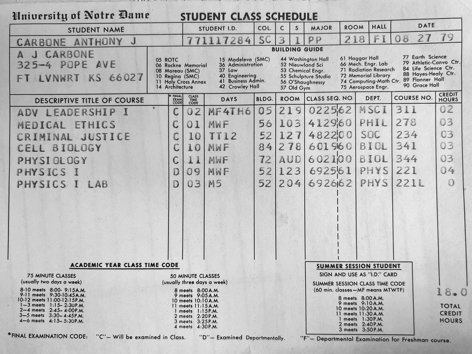 My course schedule for first semester of my Junior year at the University of Notre Dame during the 1979–1980 school season. Shows that I am signed up for Advanced Military Leadership (Military Science for ROTC), Physics I with Physics Lab, Physiology, Cell Biology, Criminal Justice and Medical Ethics.