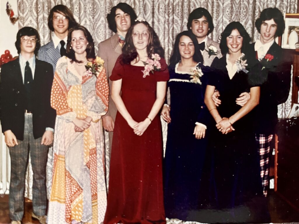Photograph of Mannheim American High School Homecoming Dance evening with 4 senior classmen friends: Mark Sanchez, Chuck Grayson, Kyle Kamalu, and John Timmerburg.  With their dates: (Can't remember Mark's date name), Gail Hayward, Beebe Auna, and Michele Kamalu.  I am the 9th wheel.  Autobiography of Dr. Anthony J. Carbone.