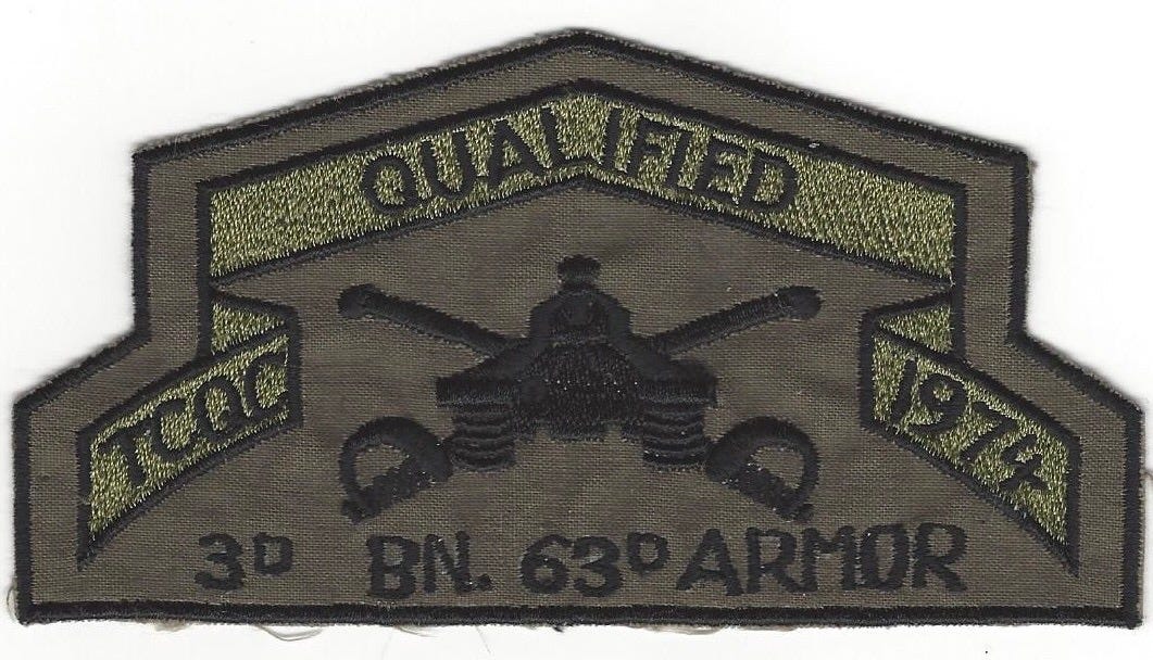 Qualified Tank Crew PatchPart of autobiography of Dr. Anthony J. Carbone, Son in the Shadow of a Green Beret Hero.