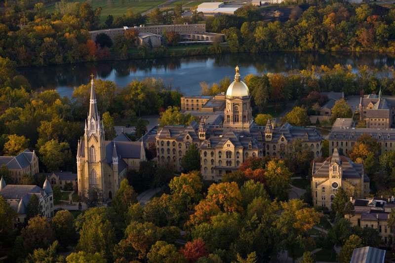 Aerial view of the University of Notre Dame du Lac campus showing the Golden Dome (Administration Building) and Sacred Heart Basilica.  Autobiography of Dr. Anthony J. Carbone.