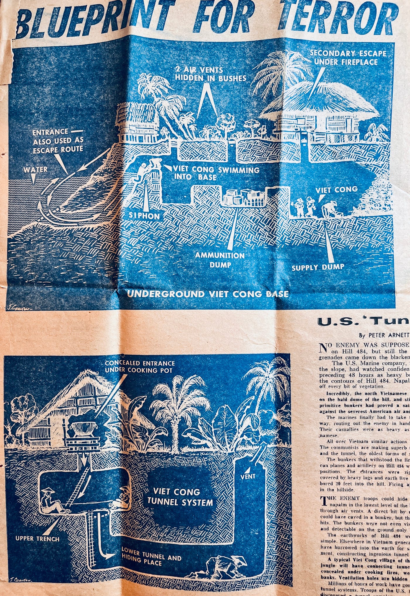 Newspaper article that my father (MAJ Tony Carbone) sent to me from Vietnam describing the complex underground Viet Con tunnel system.Part of the autobiography of Dr. Anthony J. Carbone, Son in the Shadow of a Green Beret Hero.