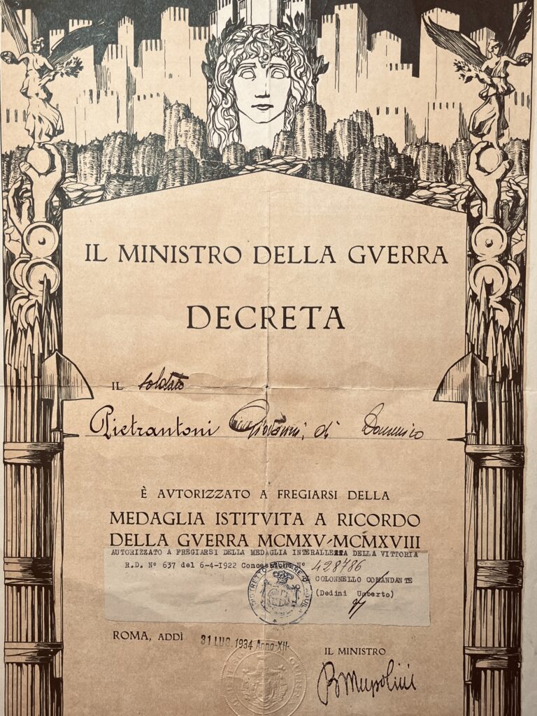 Papa Pietrantoni’s War Medal from Italian Minister of Defense 1934