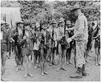 Montagnard soldiers supporting MACV-SOG forces in Ban Mê Thuôt that supported U.S. special forces.Part of the autobiography of Dr. Anthony J. Carbone, Son of a Green Beret Hero.