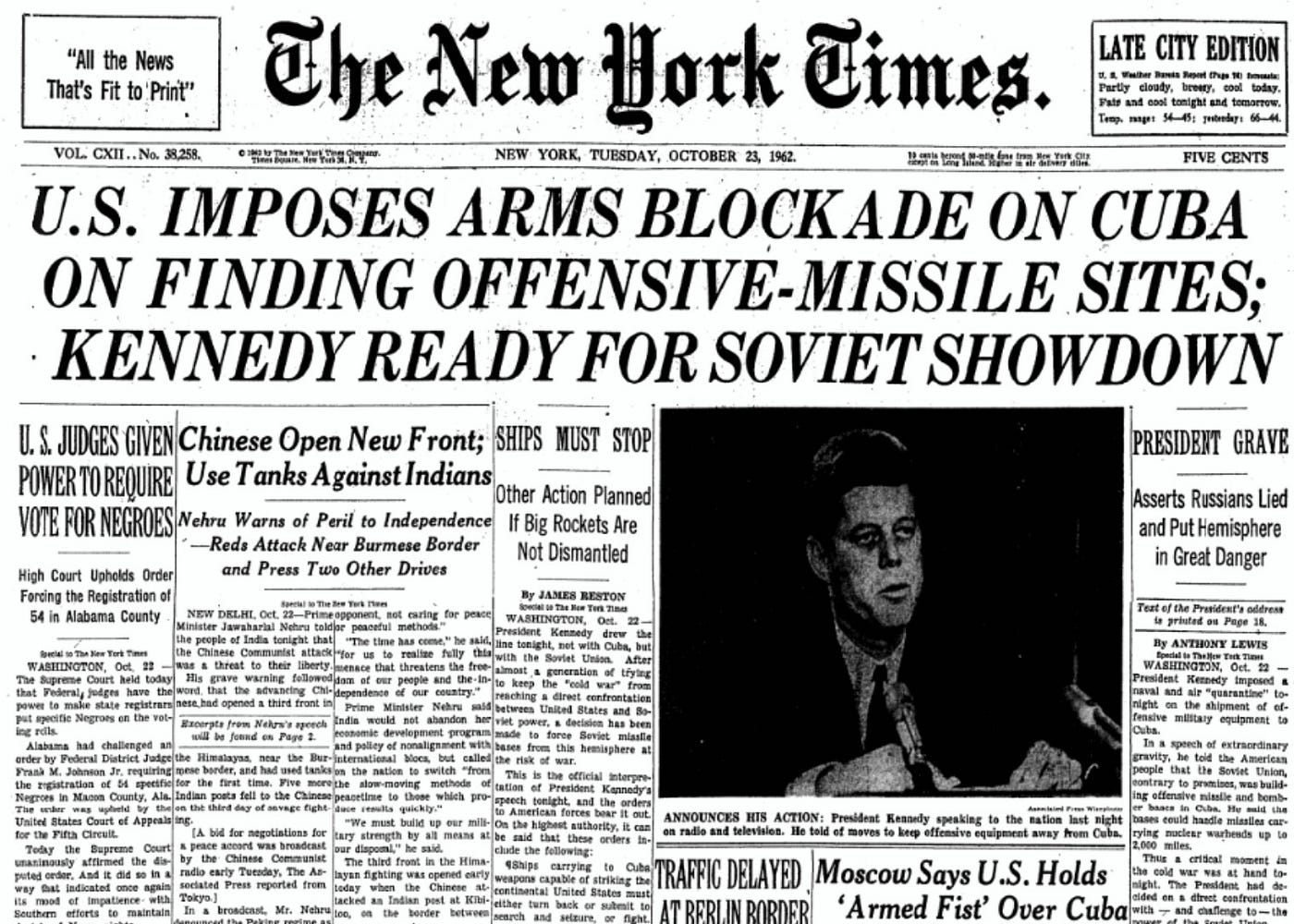 New York Times front page from October 23, 1962 with headline "U.S. Imposes Arms Blockade on Cuba on Finding Offensive-Missile Sites; Kennedy Ready for Soviet Showdown".  Photo of President John F. Kennedy.Dr. Carbone’s Autobiography: A Son in the Shadow of a Green Beret Hero