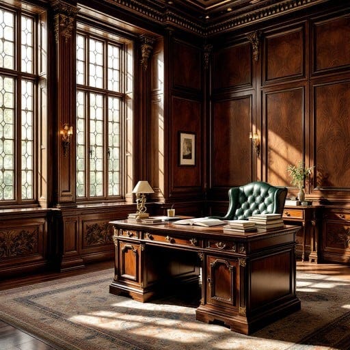 Example of Dean Walter's wood paneled room at Notre Dame with his huge mohogany desk. Autobiography of Dr. Anthony J. Carbone.