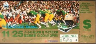 Ticket from the Mirage Bowl in Tokyo.  Notre Dame vs. Miami on November 24, 1979.  Autobiography of Dr. Anthony J. Carbone.