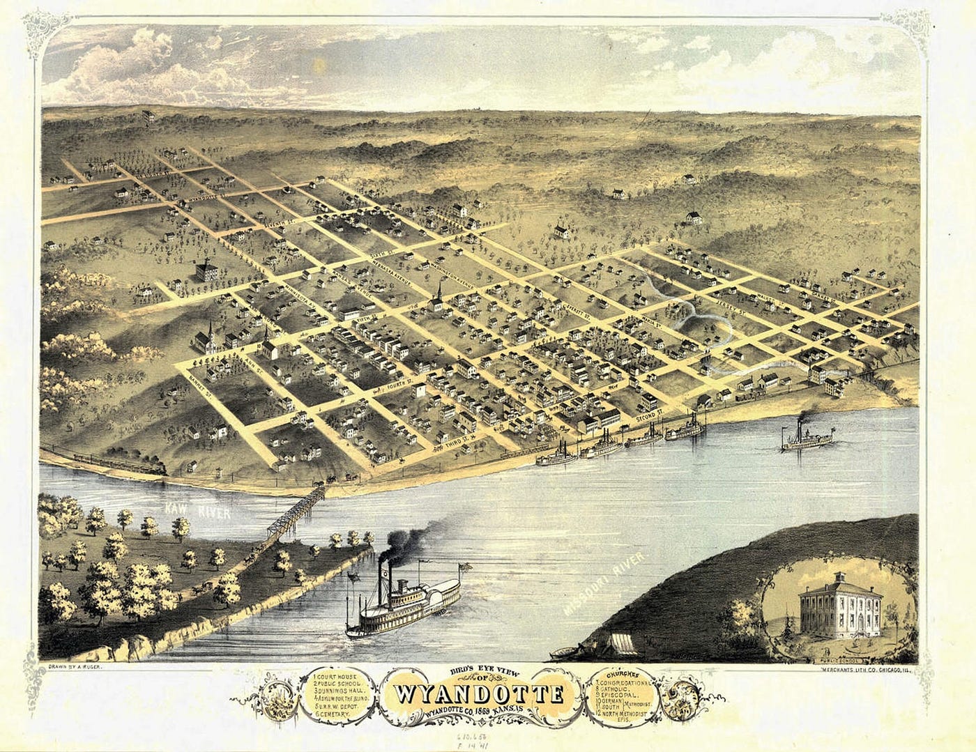 Antique map showing early Fort Leavenworth, Kansas on the Missouri River.  Autobiography of Dr. Anthony J. Carbone.