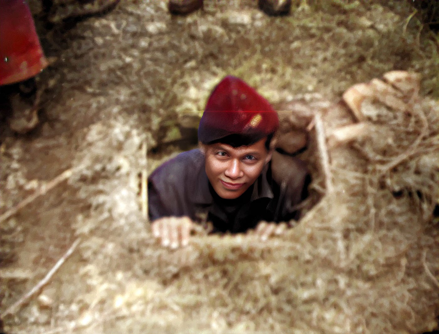 Entrance to Viet Cong tunnel system.  The soldiers who took on the dangerous task of entering and clearing enemy tunnels were affectionately refered to as "Tunnel Rats".Part of the autobiography of Dr. Anthony J. Carbone, Son in the Shadow of a Green Beret Hero.