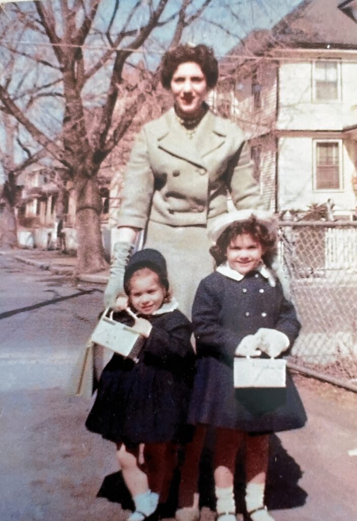 Photograph of my mother with my older sisters Lynne and Diana dressed up for mass.  At my Nana & Papa Pietrantoni's house in Medford, Massachusetts.  Autobiography of Dr. Anthony J. Carbone.