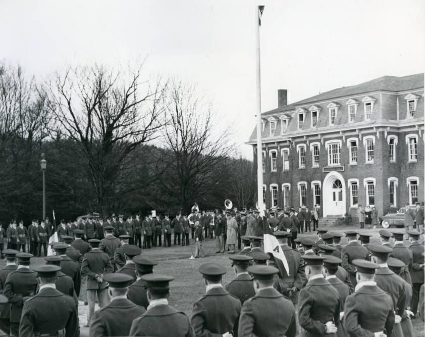 Cadets in formation outside of Old Jackman Hall, Norwich University (c.1950s).Dr. Anthony Carbone's Autobiography.