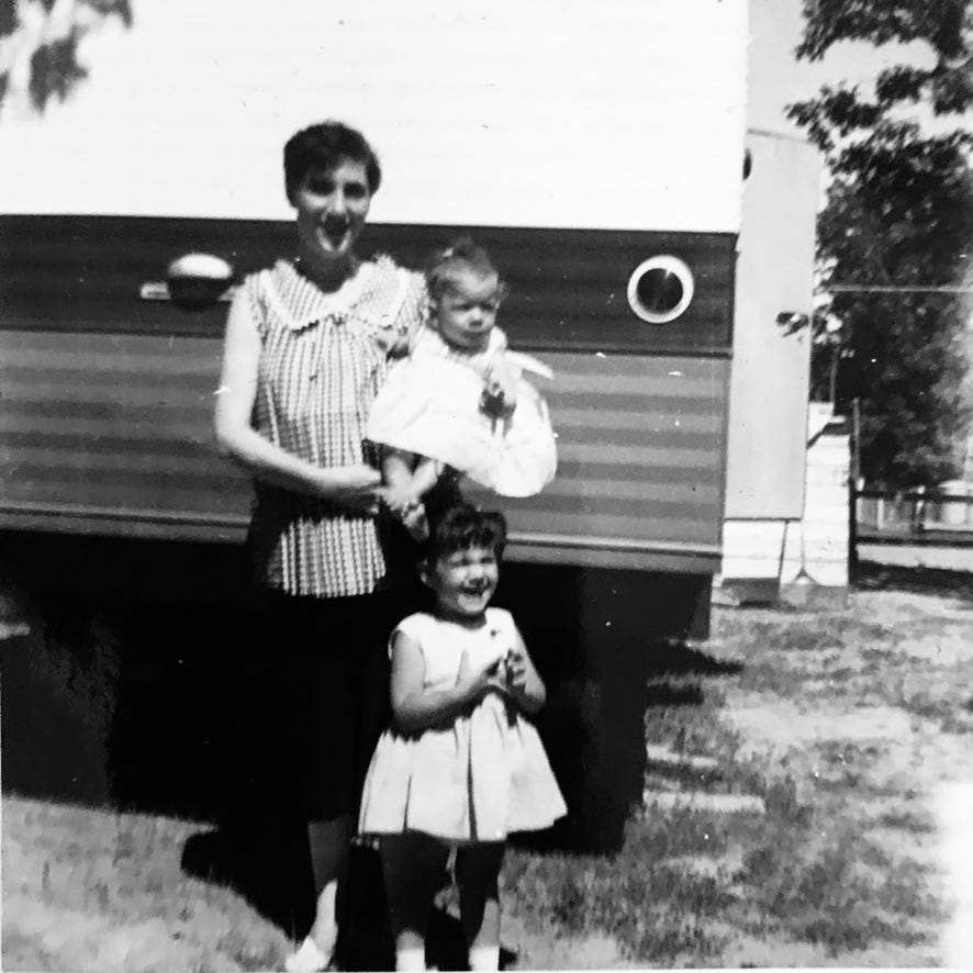 Mother with sisters Lynne and Diana by our trailor at Fort Leonard Wood, Missouri