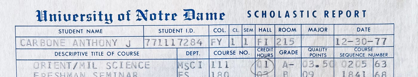 Scholastic report card from my first semester at University of Notre Dame from 1977. Dr. Anthony J Carbone’s autobiography