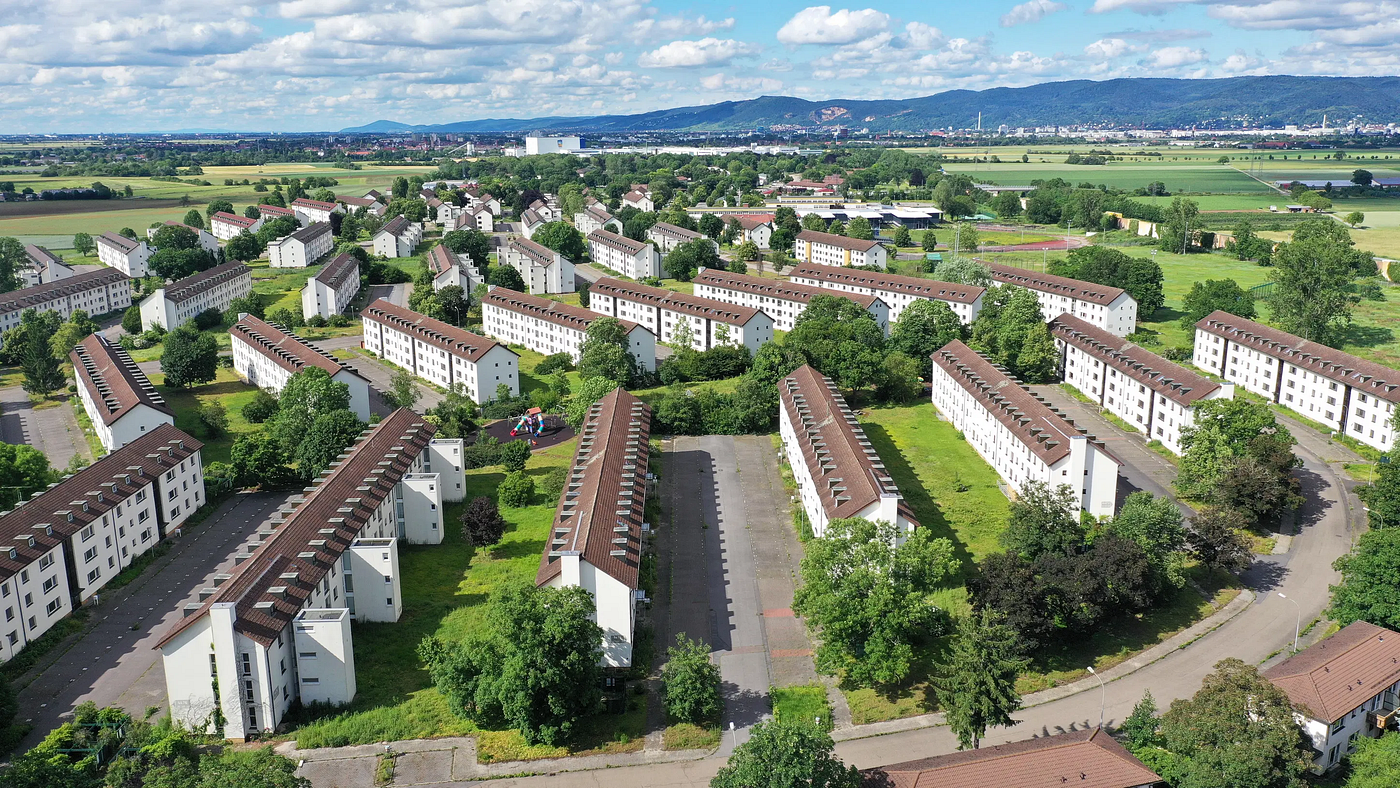 Aerial view of Patrick Henry Village showing the uniform multi-family governement quarters.