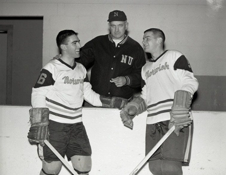 Norwich University Cadet Hockey Players and the Hockey Coach.Part of the autobiography of Dr. Anthony J. Carbone, Son in the Shadow of a Green Beret Hero.