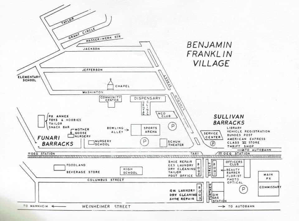 Benjamin Franklin Village map showing Sullivan and Funari Barracks.Part of autobiography of Dr. Anthony J. Carbone, Son in the Shadow of a Green Beret Hero.