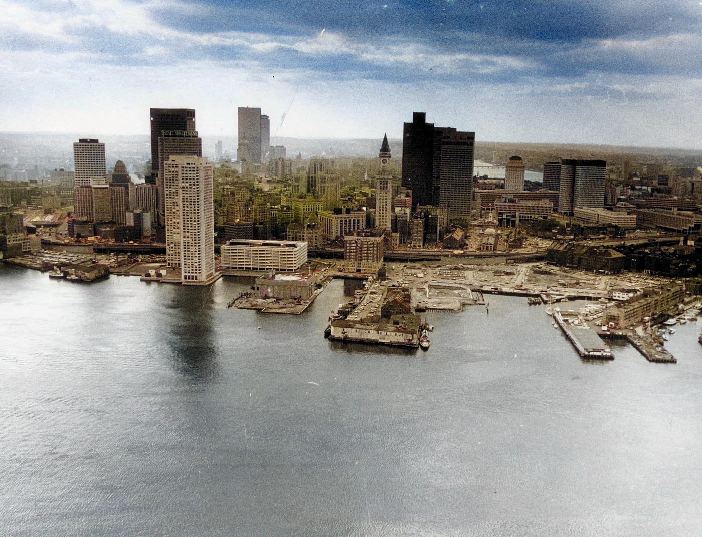 Aerial photograph of Boston skyline and waterfront circa 1979.  Autobiography of Dr. Anthony J. Carbone.