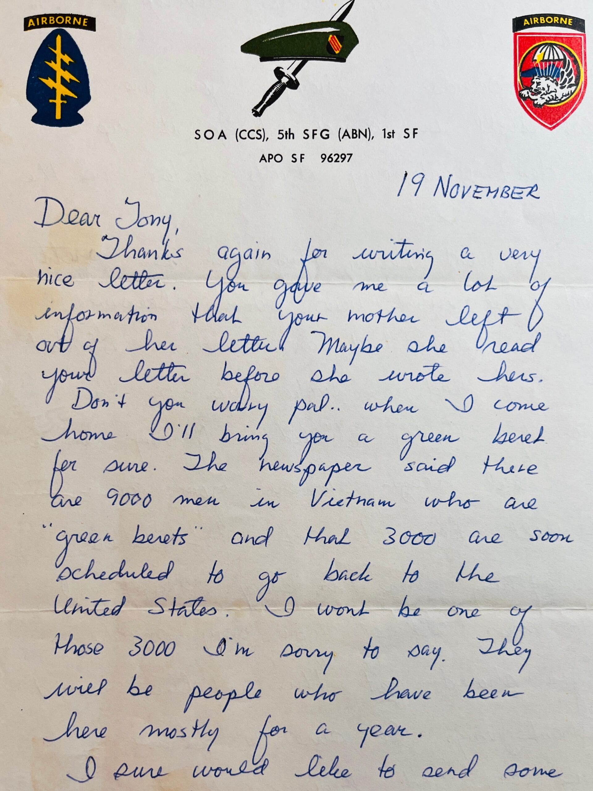 Letter from my father (MAJ Tony Carbone) written to me from Bon Mê Thuôt, Vietnam during the war on 19 November 1970.Part of the autobiography of Dr. Anthony J. Carbone, Son in the Shadow of a Green Beret Hero.