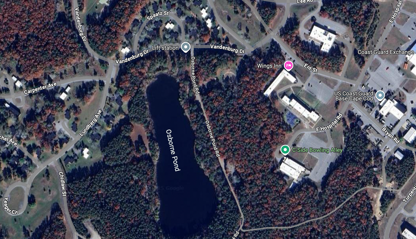 Satellite view of Otis Air Force Base on Cape Cod showing Spaatz Street (where we lived when my father was in Vietnam) and Osborne Pond where four of my 4th grade classmates drowned after falling through the ice.Part of the autobiography of Dr. Anthony J. Carbone, Son in the Shadow of a Green Beret Hero.