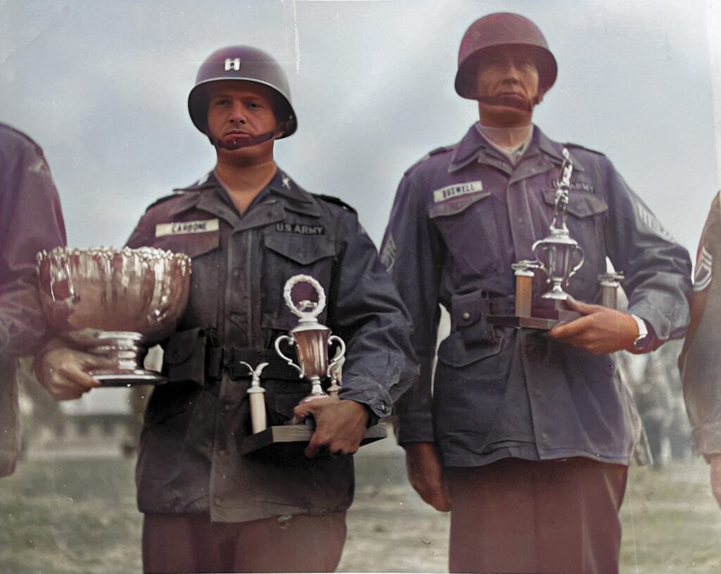 Captain Tony Carbone (Dad) received the coveted award of First In Tank Gunnery (next to Troop First Sergeant Buswell) while commanding C Troop, 14th Armored Cavalry in Fulda, West Germany during the Cold War (c.1965).  Autobiography of Dr. Anthony J. Carbone.
