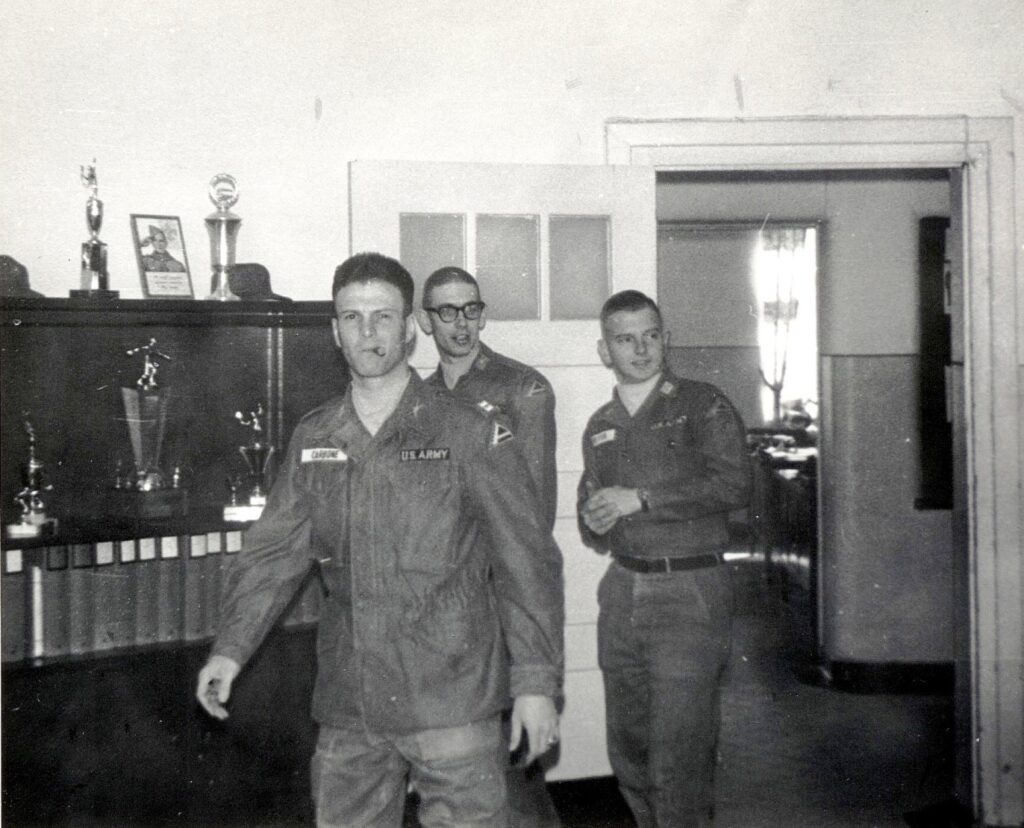 Dad smoking his infamous Italian stogie followed by his Executive Officer (XO) Lieutenant Ron Meyer and 3rd Platoon Leader Lt Jim Zimmerman of the 14th Armored Cavalry at Fulda, Germany.  Autobiography of Dr. Anthony J. Carbone.