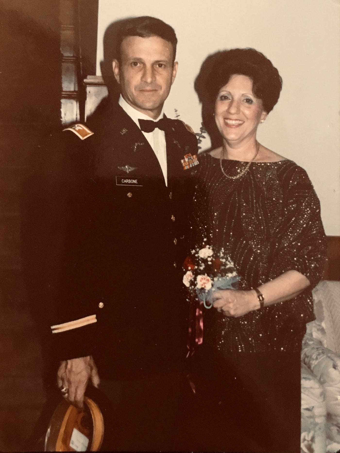 Dad (Colonel Tony Carbone) in his dress blue uniform and Mom (Edda Carbone) in an evening gown.Part of the autobiography of Dr. Anthony J. Carbone, Son in the Shadow of a Green Beret Hero.