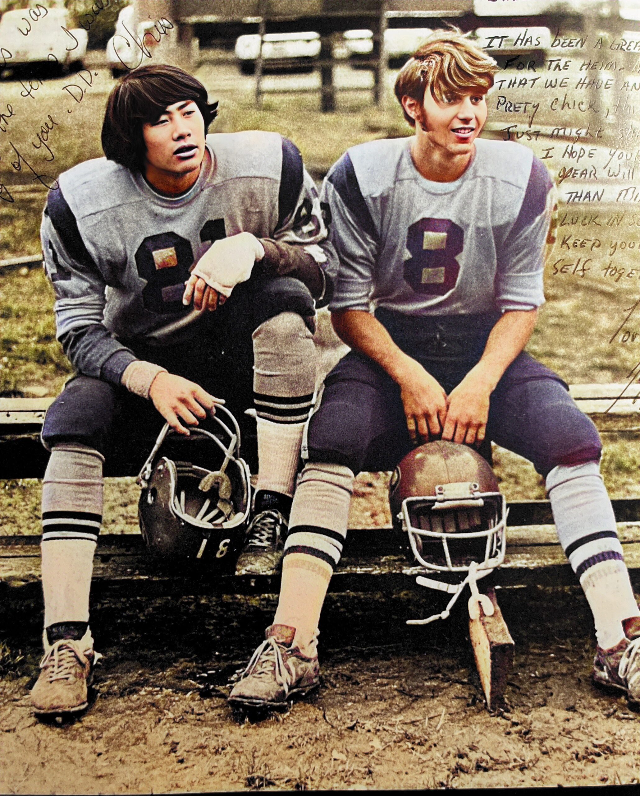 Varsity Football Co-Captains Crhis Corpus (Left) and Jeff Wing (Right) for Mannheim American High School.Part of autobiography of Dr. Anthony J. Carbone, Son in the Shadow of a Green Beret Hero.