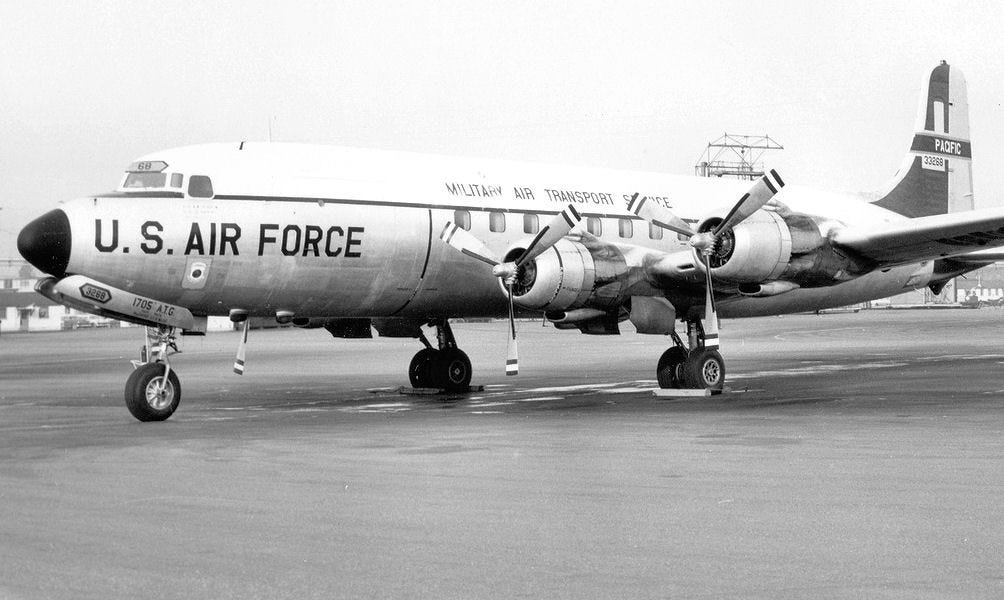 Douglas C-118 Liftmaster operated by the Military Air Transport Service (MATS) out of McGuire Air Force Base. This is the type of plane that we flew from McGuire to New Foundland to Shannon, Ireland, to Frankfort, Germany.