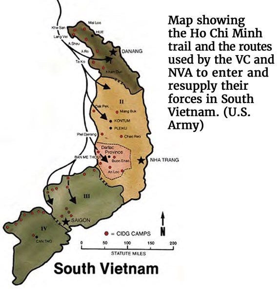 Map of Vietnam during the war c.1970 showing the Ho Chi Minh Trail and the routes used by the VC & NVA to enter and resupply their forces in South Vietnam.Part of the autobiography of Dr. Anthony J. Carbone, Son in the Shadow of a Green Beret Hero.
