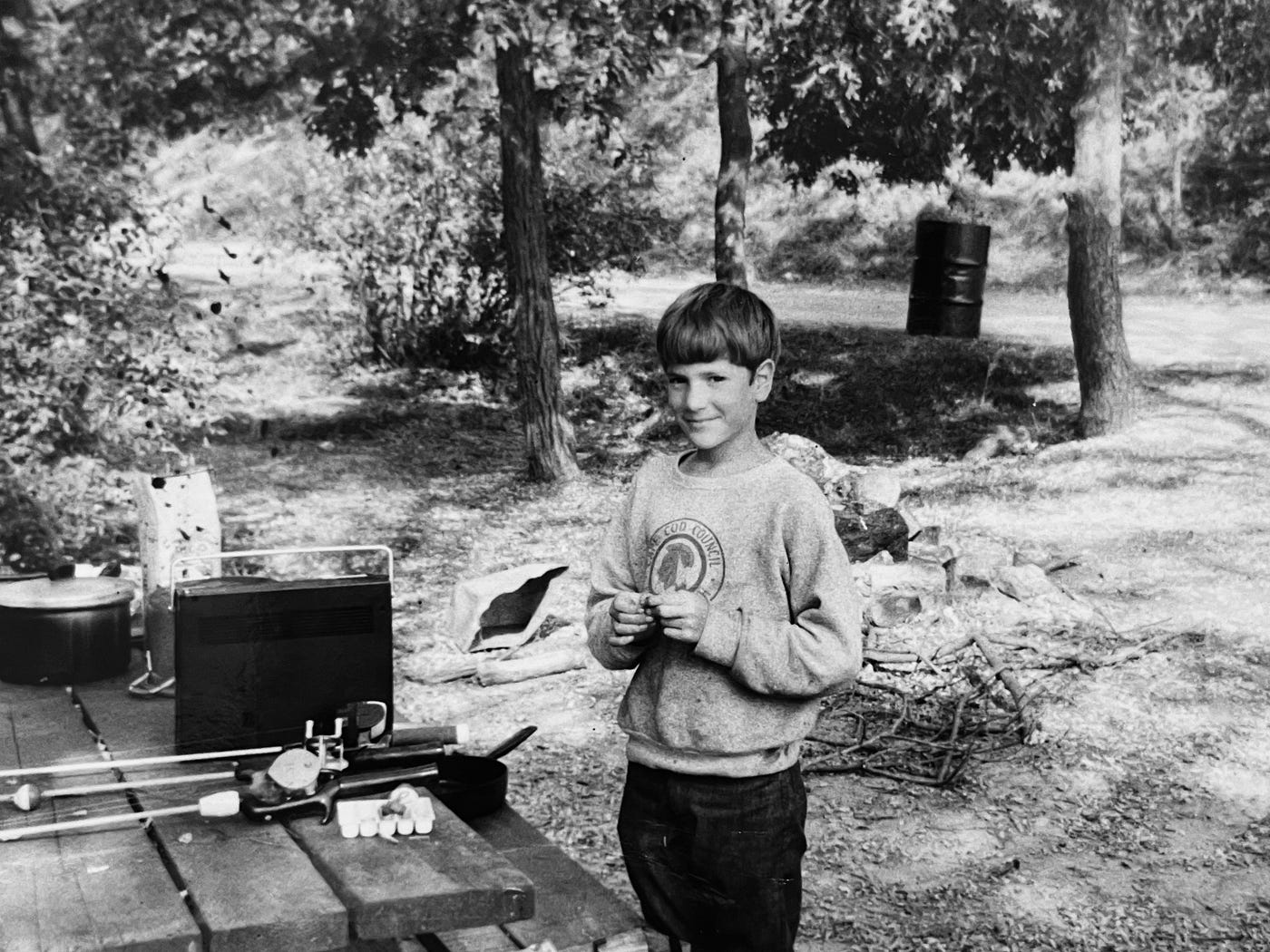Camping at DoD Camp Ground with my father. Note SONY cassette recorder on picnic table.Part of autobiography of Dr. Anthony J. Carbone, Son in the Shadow of a Green Beret Hero