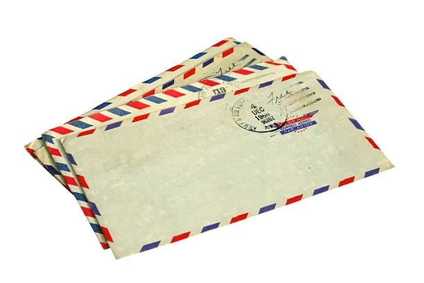 Red, White, & Blue striped envelopes used to send Air Mail.Part of the autobiography of Dr. Anthony J. Carbone, Son in the Shadow of a Green Beret Hero.